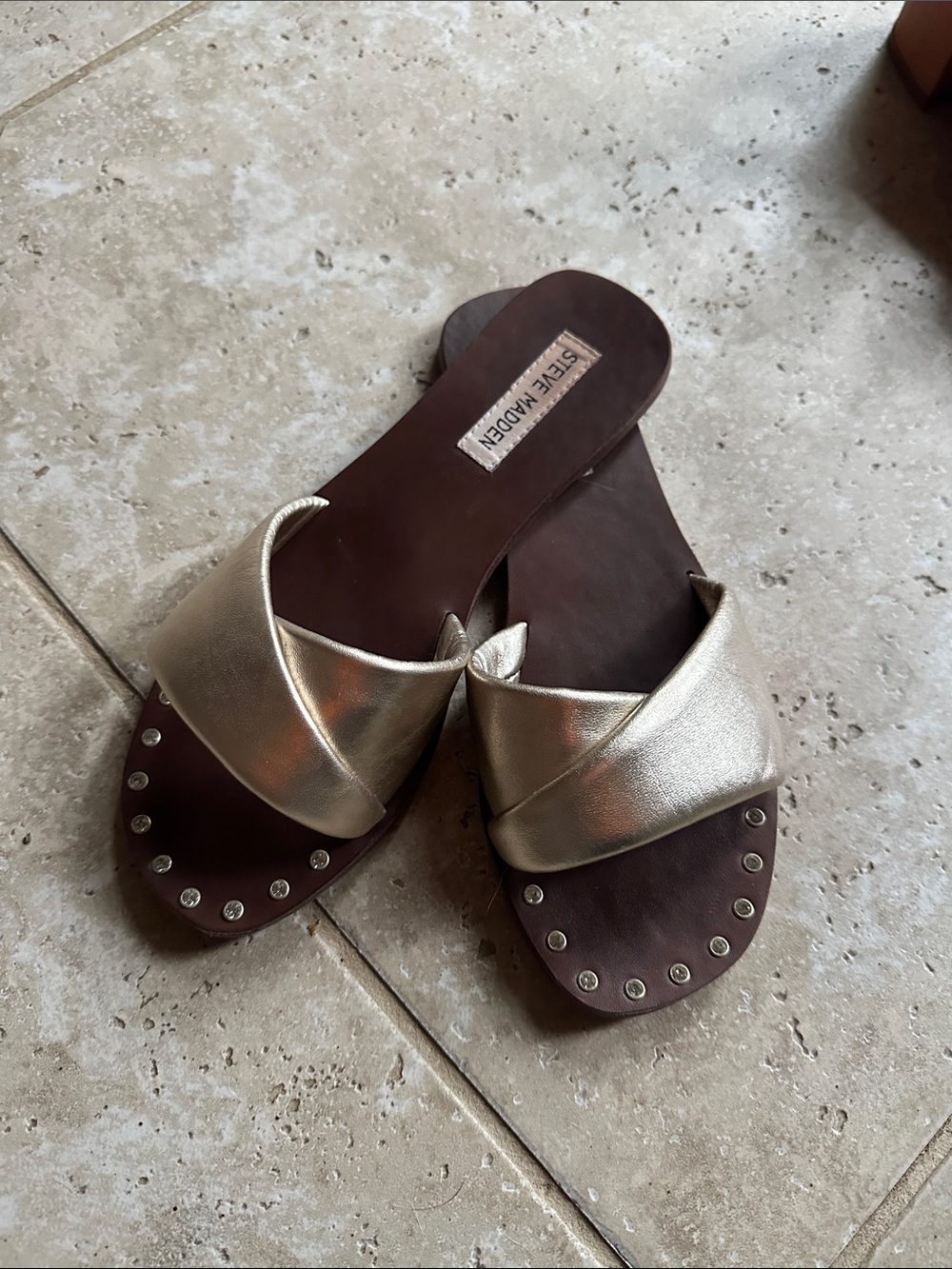 Steve Madden Gold Crossband Studded Slide Sandals